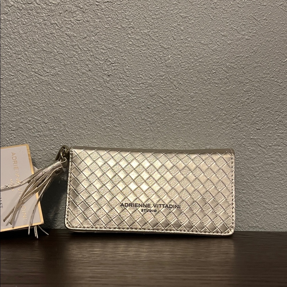 Adrienne Vittadini Silver Woven Tassel Clutch Wallet
